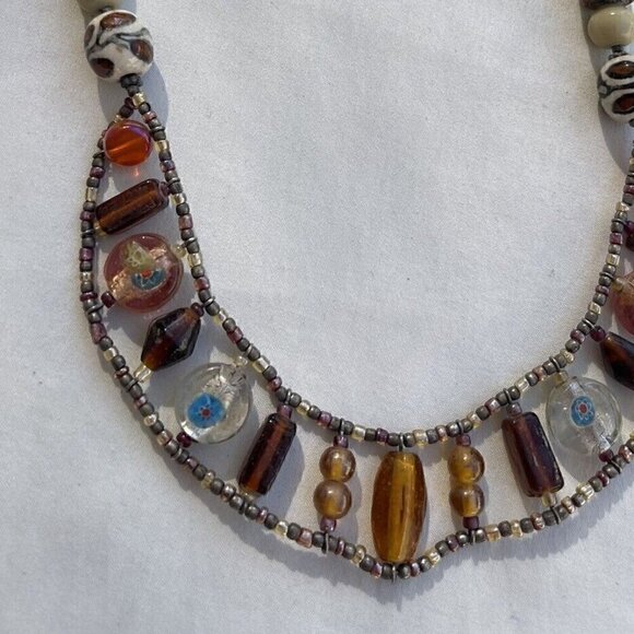 Vintage Amber & Glass Faceted Bead and Porcelain Flower Boho Necklace 21 inches - Picture 9 of 15